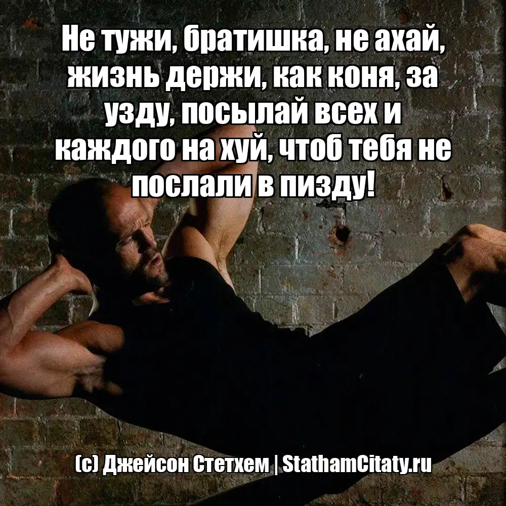 Не тужи, братишка, не ахай, жизнь держи, как коня, за узду, посылай всех и каждого на хуй, чтоб тебя не послали в пизду!  (с) Джейсон Стетхем